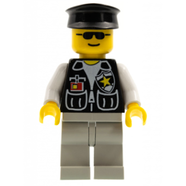 police - sheriff star and 2 pockets light gray legs white arms black hat