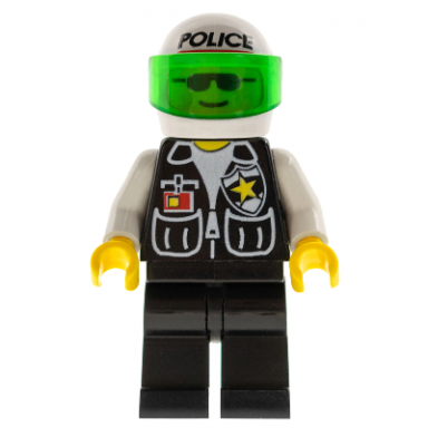 police - sheriff star and 2 pockets black legs white arms white helmet with police pattern trans-green visor