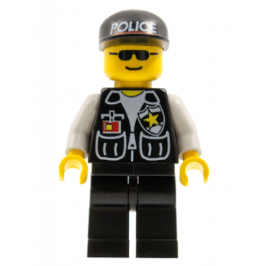 police - sheriff star and 2 pockets black legs white arms black cap with police pattern black sunglasses