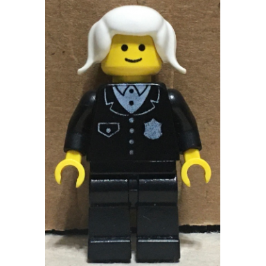 police - suit with 4 buttons black legs white pigtails hair