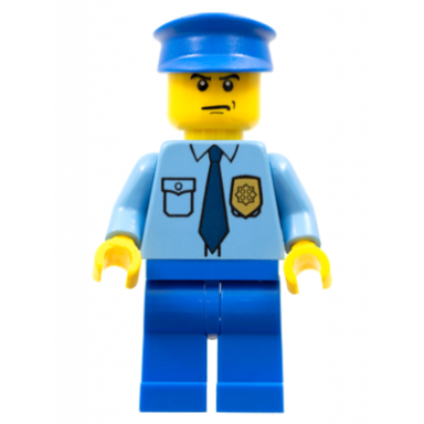 police - city shirt with dark blue tie and gold badge blue legs blue police hat scowl