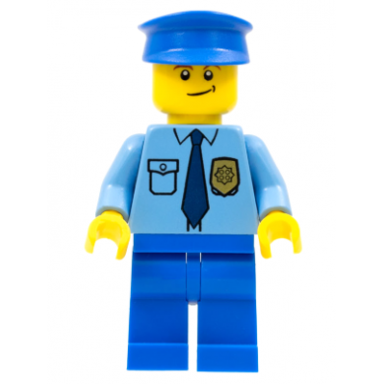 police - city shirt with dark blue tie and gold badge blue legs blue police hat crooked smile