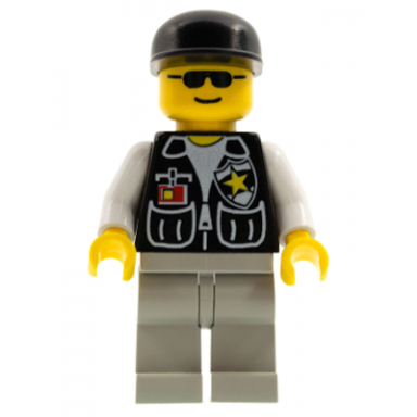 police - sheriff star and 2 pockets light gray legs white arms black cap black sunglasses