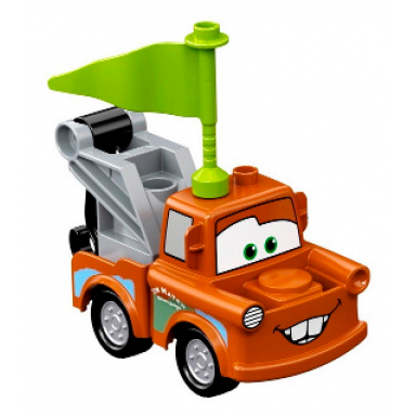 duplo tow mater - light bluish gray hook base silver wheels lime flag
