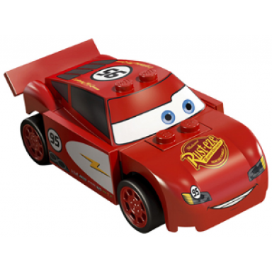lightning mcqueen - rust-eze hood red and white sides dark bluish gray 1 x 4 plates