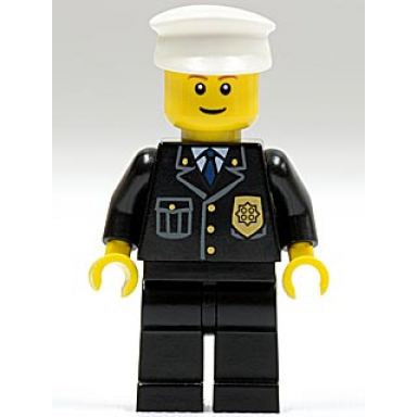 police - city suit with blue tie and badge black legs white hat brown eyebrows thin grin