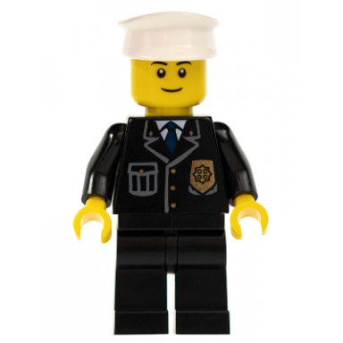 police - city suit with blue tie and badge black legs white hat black eyebrows thin grin