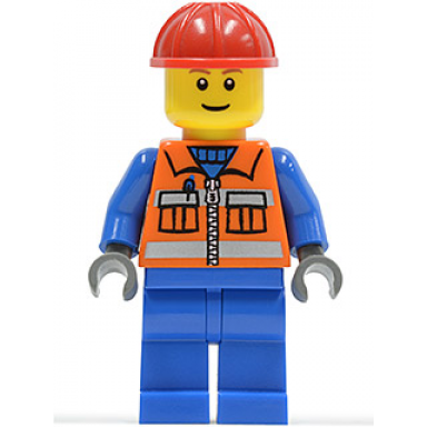 construction worker - orange zipper safety stripes blue arms blue legs red construction helmet