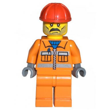 construction worker - orange zipper safety stripes orange arms orange legs red construction helmet moustache and stubble