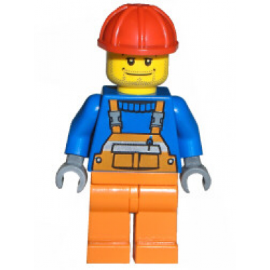overalls with safety stripe orange orange legs red construction helmet straight smile