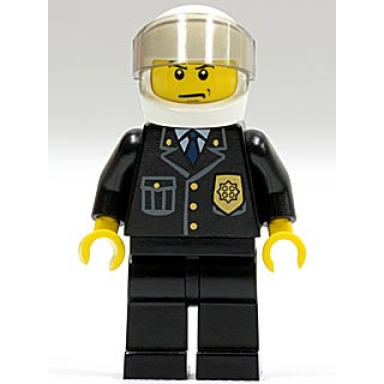 police - city suit with blue tie and badge black legs white helmet trans-brown visor scowl