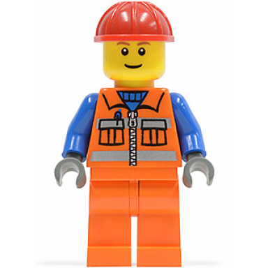 construction worker - orange zipper safety stripes blue arms orange legs red construction helmet