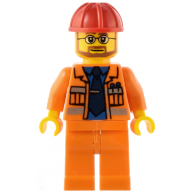 construction foreman - orange jacket with blue shirt dark blue tie red construction helmet