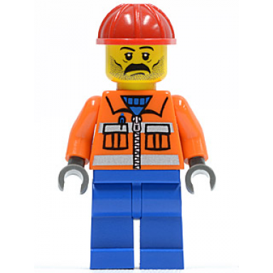 construction worker - orange zipper safety stripes orange arms blue legs red construction helmet stubble