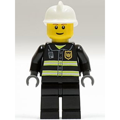 fire - reflective stripes black legs white fire helmet brown eyebrows thin grin