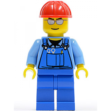 overalls with tools in pocket blue red construction helmet silver sunglasses