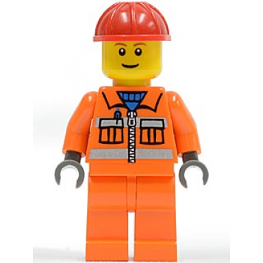 construction worker - orange zipper safety stripes orange arms orange legs red construction helmet brown eyebrows thin grin