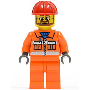 construction worker - orange zipper safety stripes orange arms orange legs red construction helmet beard and glasses