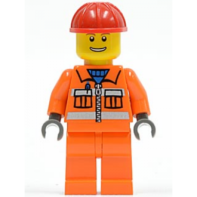 construction worker - orange zipper safety stripes orange arms orange legs red construction helmet eyebrows thin grin with teeth