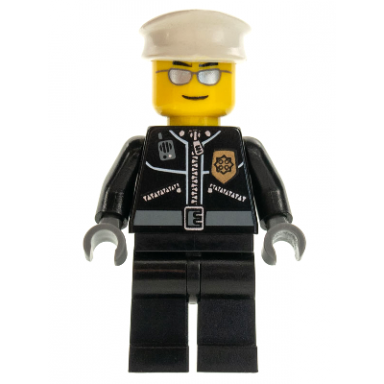 police - city leather jacket with gold badge white hat silver sunglasses