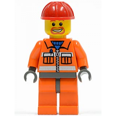 construction worker - orange zipper safety stripes orange arms orange legs dark bluish gray hips red construction helmet