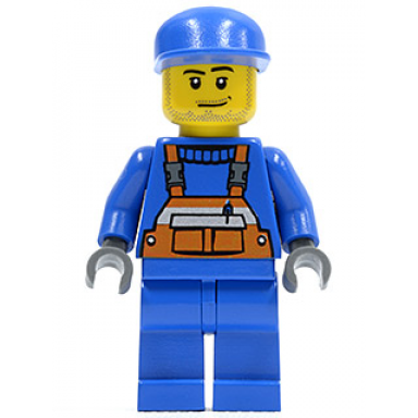 overalls with safety stripe orange blue legs blue cap smirk and stubble beard