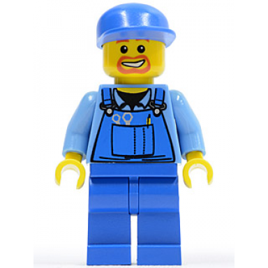 overalls with tools in pocket blue blue cap beard around mouth