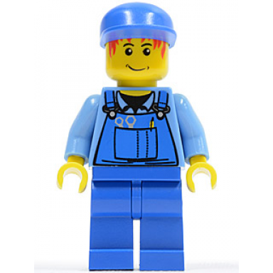 overalls with tools in pocket blue blue cap messy red hair