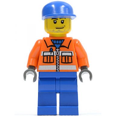 ground crew - orange zipper safety stripes orange arms blue legs blue cap smirk and stubble beard