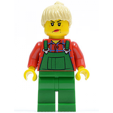 overalls farmer green tan ponytail hair