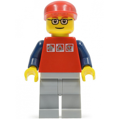red shirt with 3 silver logos dark blue arms light bluish gray legs glasses