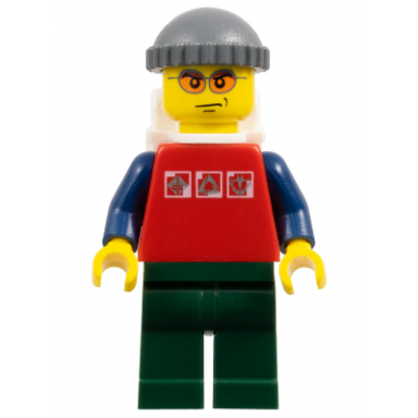 red shirt with 3 silver logos dark blue arms orange glasses backpack