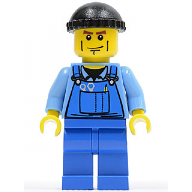 overalls with tools in pocket blue black knit cap cheek lines