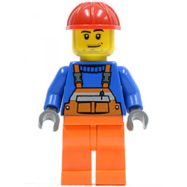 overalls with safety stripe orange orange legs red construction helmet smirk and stubble beard