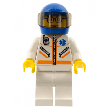 doctor - jacket with zipper and emt star of life - white legs blue helmet trans-brown visor glasses and brown eyebrows
