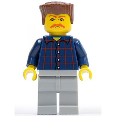 plaid button shirt light bluish gray legs reddish brown flat top bushy moustache