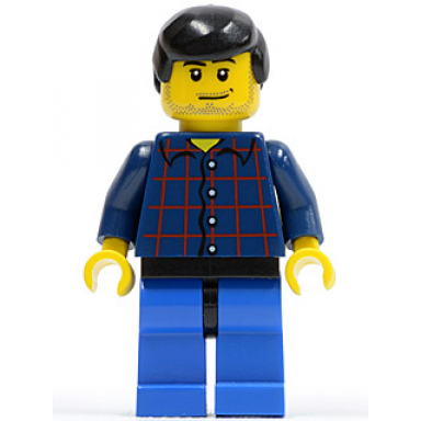 plaid button shirt blue legs black male hair smirk and stubble beard
