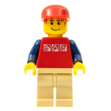 red shirt with 3 silver logos dark blue arms tan legs messy red hair