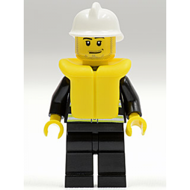 fire - reflective stripes black legs white fire helmet smirk and stubble beard life jacket