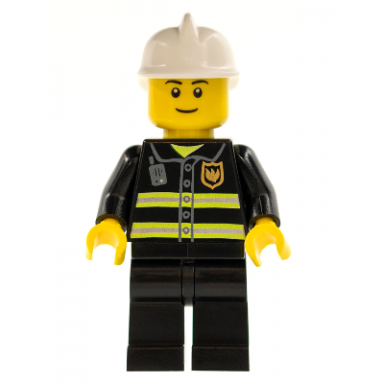 fire - reflective stripes black legs white fire helmet black eyebrows thin grin yellow hands