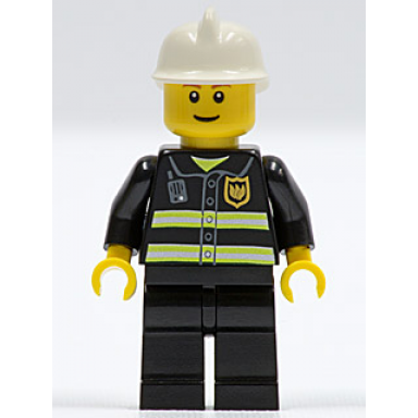 fire - reflective stripes black legs white fire helmet reddish brown eyebrows thin grin yellow hands