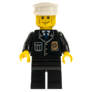 police - city suit with blue tie and badge black legs vertical cheek lines brown eyebrows white hat