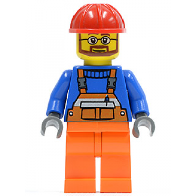 overalls with safety stripe orange orange legs red construction helmet beard and glasses