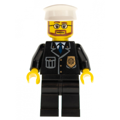 police - city suit with blue tie and badge black legs white hat beard and glasses
