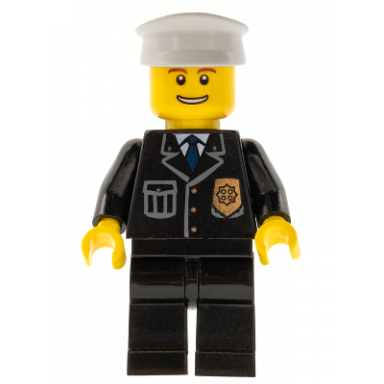 police - city suit with blue tie and badge black legs thin grin with teeth white hat
