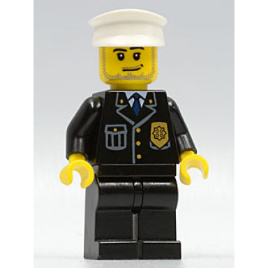 police - city suit with blue tie and badge black legs white hat smirk and stubble beard
