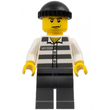 police - jail prisoner 50380 prison stripes dark bluish gray legs black knit cap angry eyebrows and scowl