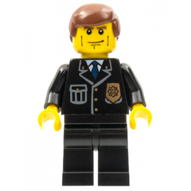 police - city suit with blue tie and badge black legs vertical cheek lines reddish brown hair