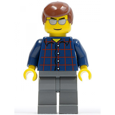 plaid button shirt dark bluish gray legs reddish brown male hair silver sunglasses