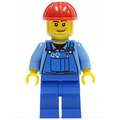 overalls with tools in pocket blue red construction helmet smirk and stubble beard